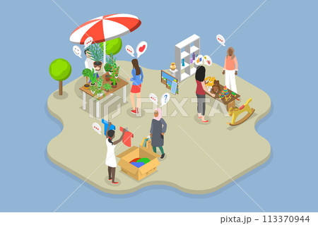 3D Isometric Flat Vector Illustration of Flea Market, Garage Sale in a Park 113370944