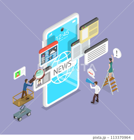 3D Isometric Flat Vector Illustration of Online News Mobile App, Internet Press or Web Articles 113370964