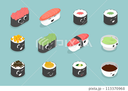 3D Isometric Flat Vector Set of Various Sushi, Rolls and Nigiri Funny Characters, Japanese Traditional Cuisine 113370968