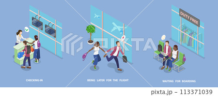 3D Isometric Flat Vector Illustration of Traveling By Plane, Holiday Trip 3D Isometric Flat Vector Illustration of Traveling By Plane, Holiday Trip 113371039