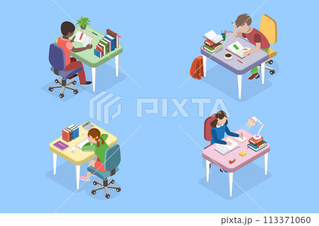 3D Isometric Flat Vector Set of Children Study , Learning Process 113371060