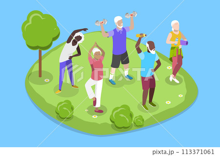 3D Isometric Flat Vector Illustration of Group of Active Seniors, Yoga of Fitness for Eldery People 113371061