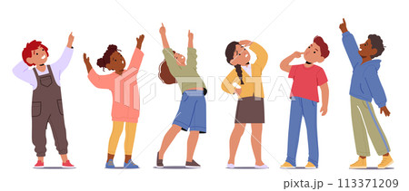 Group Of Kids Characters, Eyes Wide With Wonder, Point Upwards, Their Fingers Directed At The Sky, Vector Illustration Group Of Kids Characters, Eyes Wide With Wonder, Point Upwards, Their Fingers Directed At The Sky, Vector Illustration 113371209
