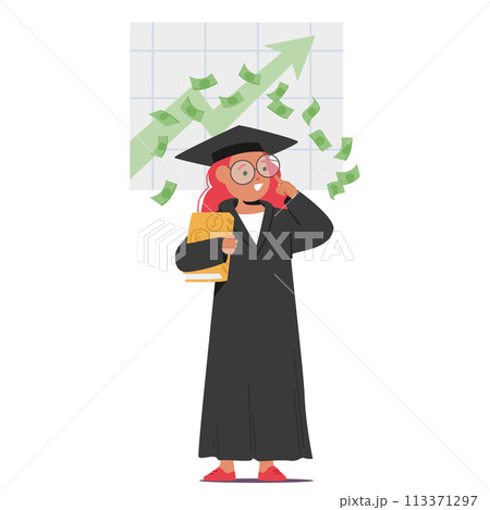 Child Girl In Black Student Gown And Mortarboard Teaches Financial Literacy To Children, Imparting Skills Like Budgeting 113371297