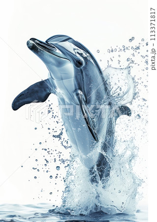 Dolphin with splash, playful gesture, low angle view, bright white background , Hyper realistic 113371817