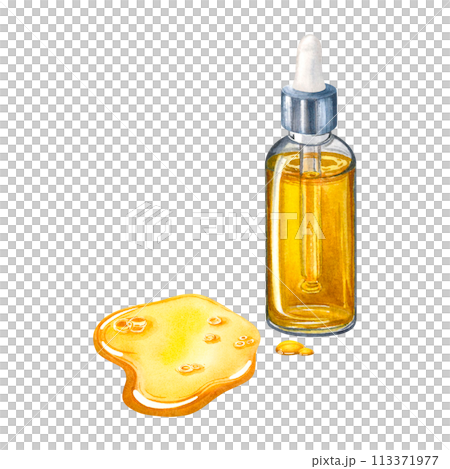 Transparent glass dropper bottle with golden liquid inside and drops of oil spread over the surface. Hand drawn watercolor illustration of serum dispenser isolated on background. For packaging design. 113371977