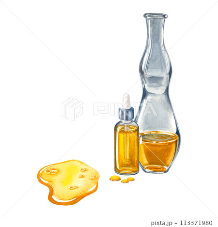 Transparent glass dropper bottle with liquid inside, glass flask and drops of oil spread over the surface. Hand drawn watercolor illustration of dispenser isolated on background. For packaging design. Transparent glass dropper bottle with liquid inside, glass flask and drops of oil spread over the surface. Hand drawn watercolor illustration of dispenser isolated on background. For packaging design. 113371980