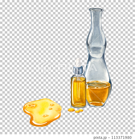 Transparent glass dropper bottle with liquid inside, glass flask and drops of oil spread over the surface. Hand drawn watercolor illustration of dispenser isolated on background. For packaging design. 113371980