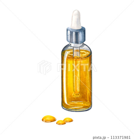 Transparent glass dropper bottle with golden liquid inside and drops of oil spread over the surface. Hand drawn watercolor illustration of serum dispenser isolated on background. For packaging design. Transparent glass dropper bottle with golden liquid inside and drops of oil spread over the surface. Hand drawn watercolor illustration of serum dispenser isolated on background. For packaging design. 113371981