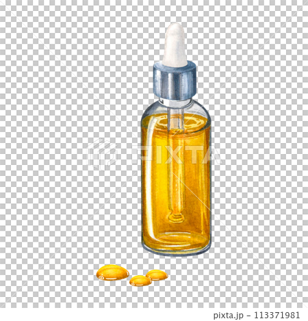 Transparent glass dropper bottle with golden liquid inside and drops of oil spread over the surface. Hand drawn watercolor illustration of serum dispenser isolated on background. For packaging design. Transparent glass dropper bottle with golden liquid inside and drops of oil spread over the surface. Hand drawn watercolor illustration of serum dispenser isolated on background. For packaging design. 113371981