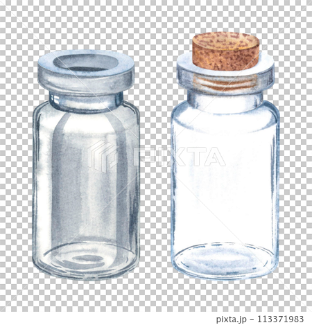 Two miniature clear glass empty bottles with wooden stopper. Hand drawn watercolor illustration of small vial isolated on background. For scrap-booking, wedding favors design, wedding decorations. 113371983