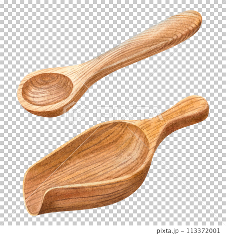 Wooden scoop and spoon for bulk dry products and cosmetics. Hand drawn watercolor illustration of spatula for cereals, powders on isolated background. For printing menus, postcards, banners, flyers. 113372001