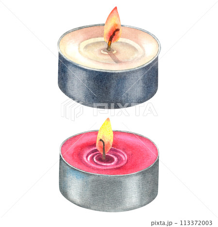 Mini-Sized Candles of white and pink paraffin wax complete with an aluminum base, cotton wick with candle's gentle glow. Hand drawn watercolor illustration on isolated background. For packaging design 113372003
