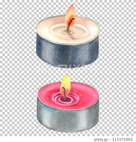 Mini-Sized Candles of white and pink paraffin wax complete with an aluminum base, cotton wick with candle's gentle glow. Hand drawn watercolor illustration on isolated background. For packaging design 113372003