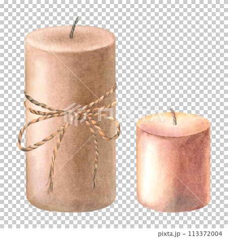Two scented pillar soy wax candles with jute rope bow. Hand drawn watercolor illustration of vintage light isolated on background for aromatherapy, meditation, wellness spa, booklet, cozy interior. Two scented pillar soy wax candles with jute rope bow. Hand drawn watercolor illustration of vintage light isolated on background for aromatherapy, meditation, wellness spa, booklet, cozy interior. 113372004