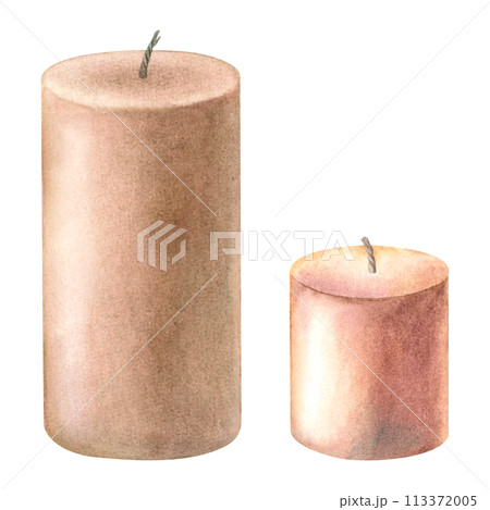 Column shaped scented pilar candle made from soy and coconut wax. Hand drawn watercolor illustration isolated on background. Use for aromatherapy, hygienic home, meditation, wellness resort, booklet. 113372005