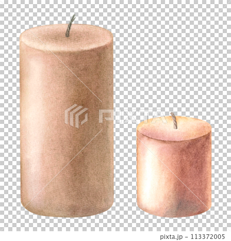 Column shaped scented pilar candle made from soy and coconut wax. Hand drawn watercolor illustration isolated on background. Use for aromatherapy, hygienic home, meditation, wellness resort, booklet. 113372005
