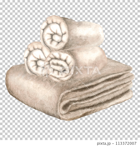 Neatly rolled up terry towel. Hand drawn watercolor illustration of fluffy towel isolated on background. Cotton spa towel for bathroom, sauna, beach. Used for brochure design for health resorts, spas. Neatly rolled up terry towel. Hand drawn watercolor illustration of fluffy towel isolated on background. Cotton spa towel for bathroom, sauna, beach. Used for brochure design for health resorts, spas. 113372007