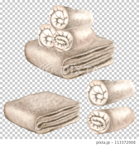 Neatly rolled up terry towel. Hand drawn watercolor illustration of fluffy towel isolated on background. Cotton spa towel for bathroom, sauna, beach. Used for brochure design for health resorts, spas. Neatly rolled up terry towel. Hand drawn watercolor illustration of fluffy towel isolated on background. Cotton spa towel for bathroom, sauna, beach. Used for brochure design for health resorts, spas. 113372008