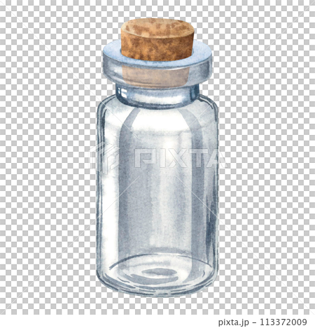 Miniature clear glass message empty bottle with wooden stopper. Hand drawn watercolor illustration of small vial isolated on background. For scrap-booking, wedding favors disign, wedding decorations. Miniature clear glass message empty bottle with wooden stopper. Hand drawn watercolor illustration of small vial isolated on background. For scrap-booking, wedding favors disign, wedding decorations. 113372009