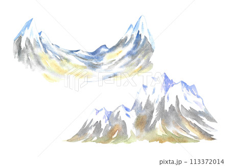 A set of snowy mountains. Handmade watercolor illustration. Isolate. Designed for flyers, banners and postcards. For invitations, posters and stickers. For packaging and decoration. 113372014