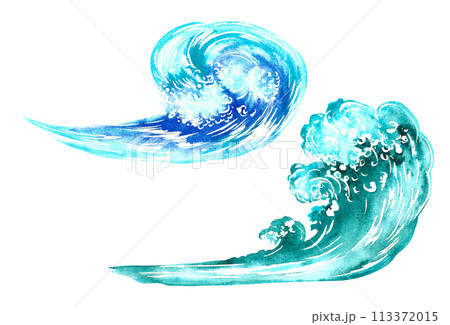 Sea waves, blue, turquoise colors, isolated. A hand-drawn watercolor illustration. Designed for flyers, banners, and postcards. For invitations, posters, labels and packaging, sticker printing. 113372015