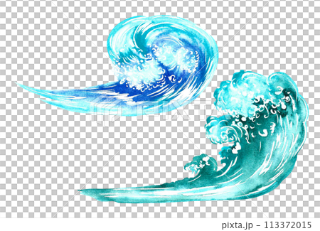 Sea waves, blue, turquoise colors, isolated. A hand-drawn watercolor illustration. Designed for flyers, banners, and postcards. For invitations, posters, labels and packaging, sticker printing. 113372015
