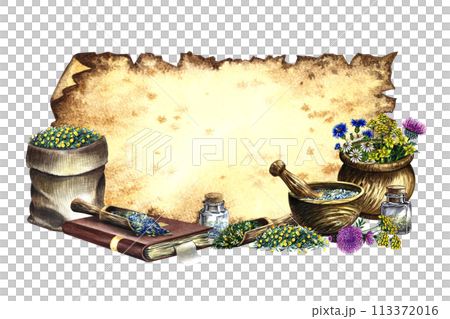 A frame with medicinal herbs cornflower, chamomile and tansy. Dried, crushed in a linen bag, in glass bottles and a wooden pot. Mortar and pestle for grinding. A hand-drawn watercolor illustration. 113372016