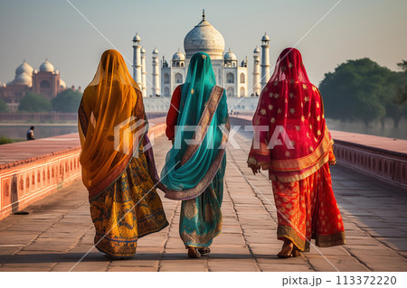 Indian women in colorful sari and temple 113372220
