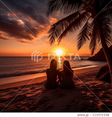 Romantic lesbian couple on beach at sunset 113372336