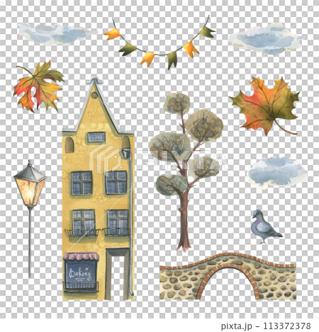 Ancient European houses are colorful, with autumn trees and leaves, stone bridges and lanterns. Hand drawn watercolor illustration. Set of objects isolated from the background. Ancient European houses are colorful, with autumn trees and leaves, stone bridges and lanterns. Hand drawn watercolor illustration. Set of objects isolated from the background. 113372378