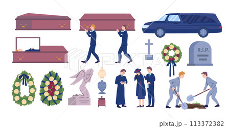 Cartoon Color Funeral Services and Ceremony Burial Different Elements Set Concept Flat Design Style. Vector illustration 113372382