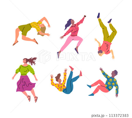 Cartoon Color Characters People Flying Male and Female Floating in Sky Concept Flat Design Style. Vector illustration of Motion Pose 113372383