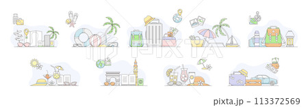 Travel and Tourism Element and Object Line Vector Set Travel and Tourism Element and Object Line Vector Set 113372569