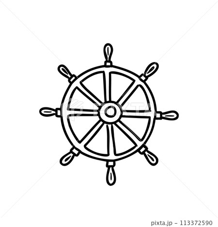 Steering wheel for ships and boats. Hand drawn vector illustration in doodle style, line art isolated on white background Steering wheel for ships and boats. Hand drawn vector illustration in doodle style, line art isolated on white background 113372590