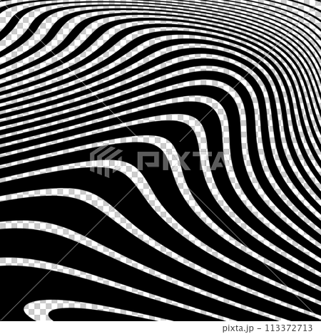 Wavy Lines Op Art Pattern with 3D Illusion Effect. Abstract Black and White Texture. Vector Illustration. 113372713