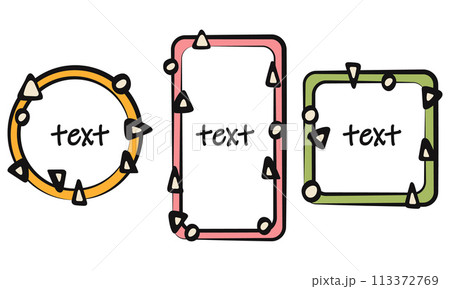 Decorative boho frame set, circle square geometrical shape. Hand drawn doodle ink stroke, bold brush cartoon style outline border, cute folk art graphics. Yellow green pink colour 113372769