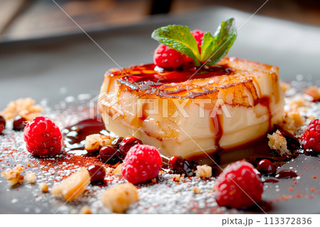 A classic Creme brulee, served in a ramekin, combination of creamy custard and caramelized sugar 113372836
