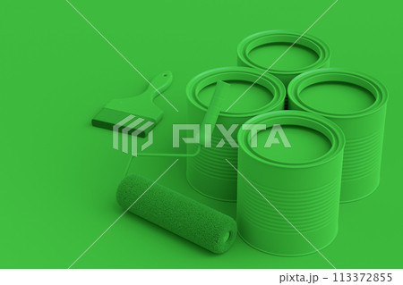 Set of metal and plastic buckets, paint roller and brush on monochrome 113372855