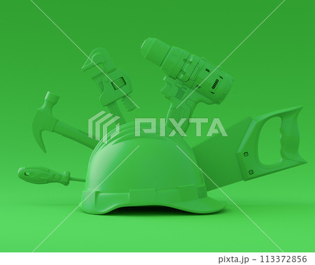 Isometric view of monochrome construction tools for repair on 113372856
