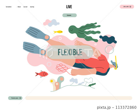 Life Unframed: Diver -modern flat vector concept illustration of a man swimming under the sea. Metaphor of unpredictability, imagination, whimsy, cycle of existence, play, growth and discovery 113372860