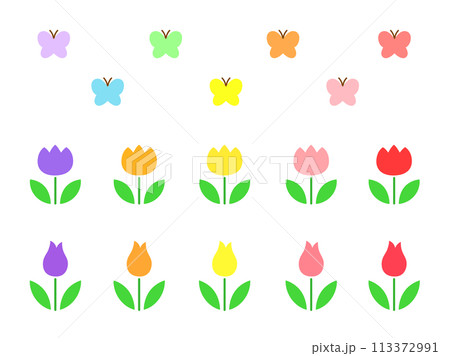 レトロなチューリップと蝶のイラストセット レトロなチューリップと蝶のイラストセット 113372991