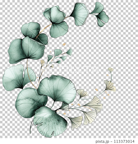 composition, a bouquet of watercolor eucalyptus and ginkgo leaves with gold elements. composition, a bouquet of watercolor eucalyptus and ginkgo leaves with gold elements. 113373014