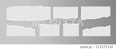 Realistic ripped white paper sheets isolated on transparent background. Torn blank pages with uneven texture. Vector Realistic ripped white paper sheets isolated on transparent background. Torn blank pages with uneven texture. Vector 113373110