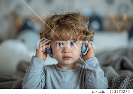 Portrait of little boy with big blue eyes attentively listening to something with headphones on his head in the children's room 113373276