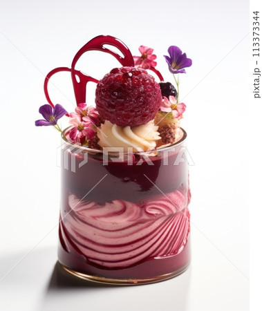 Magnificent berry mousse in glass bowl decorated with raspberries, whipped cream and threads of sugar syrup, luxury dish of highest cuisine prepared by chef of restaurant 113373344