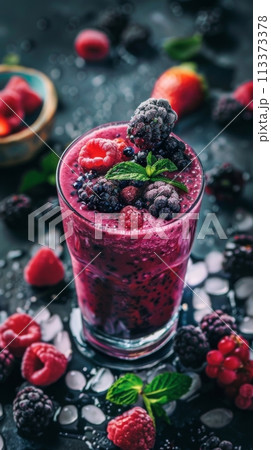 Refreshing and healthy berry smoothie in a glass with fresh berries on the side Refreshing and healthy berry smoothie in a glass with fresh berries on the side 113373378