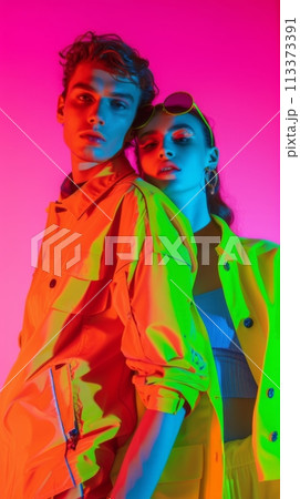 Stylish young couple in trendy outfits on pink background. Ideal for fashion and lifestyle content. Stylish young couple in trendy outfits on pink background. Ideal for fashion and lifestyle content. 113373391