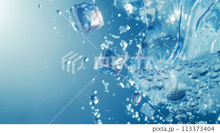 Slow Motion Water Splash Against Blue Background for Water, Purity, and Refreshment Concepts 113373404