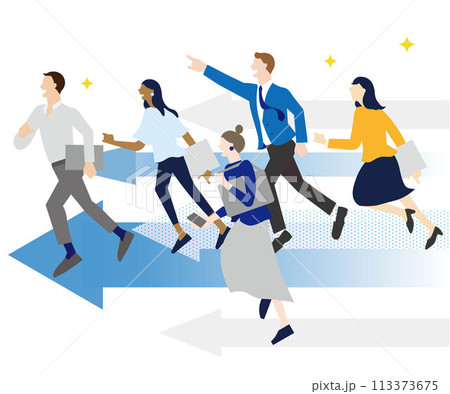 スタートアップのイメージイラストービジネスパーソンー矢印ー白バックイラスト素材 113373675